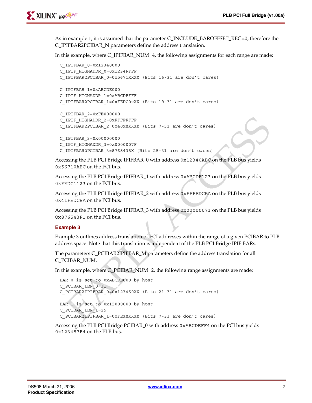 Xilinx PLB PCI Full Bridge specifications Cpcibar LEN 1=25 