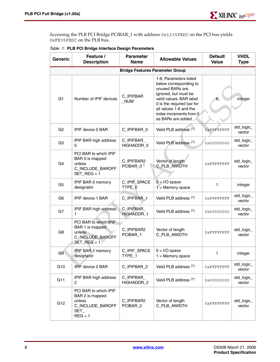 Xilinx PLB PCI Full Bridge specifications Generic Feature Parameter Allowable Values Default, Description Name, Type 