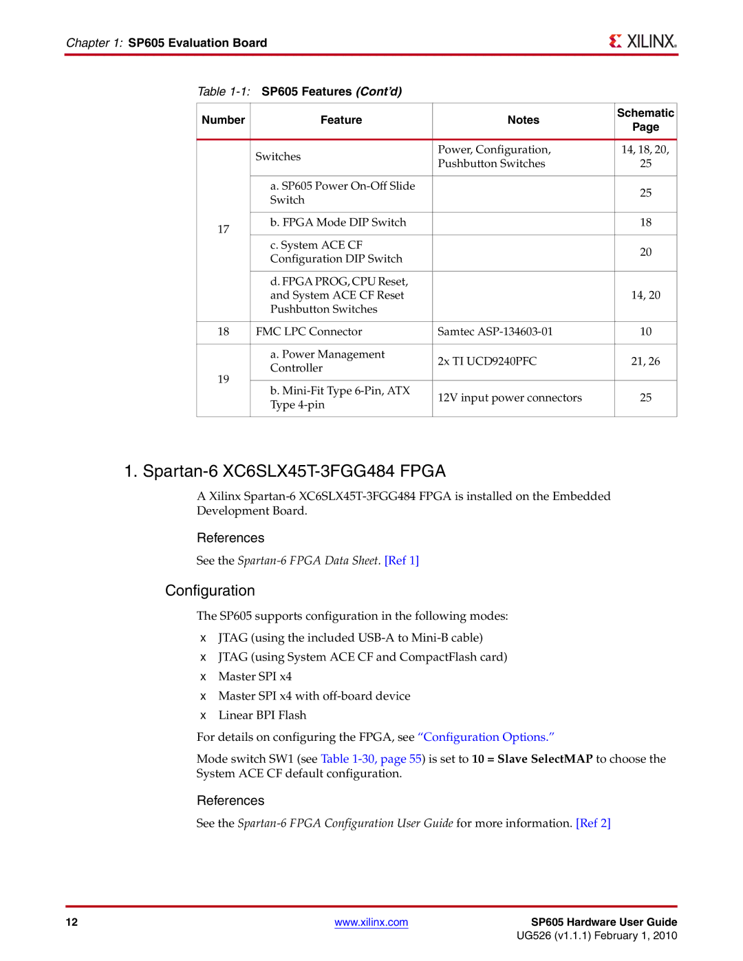 Xilinx manual Spartan-6 XC6SLX45T-3FGG484 Fpga, Configuration, SP605 Evaluation Board SP605 Features Cont’d 