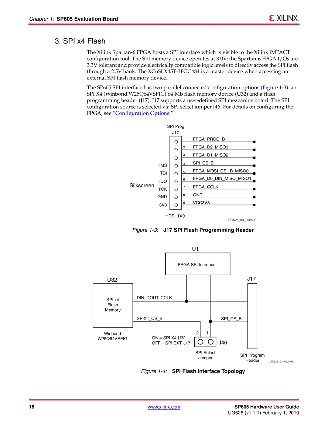Xilinx SP605 manual SPI x4 Flash, 3J17 SPI Flash Programming Header 