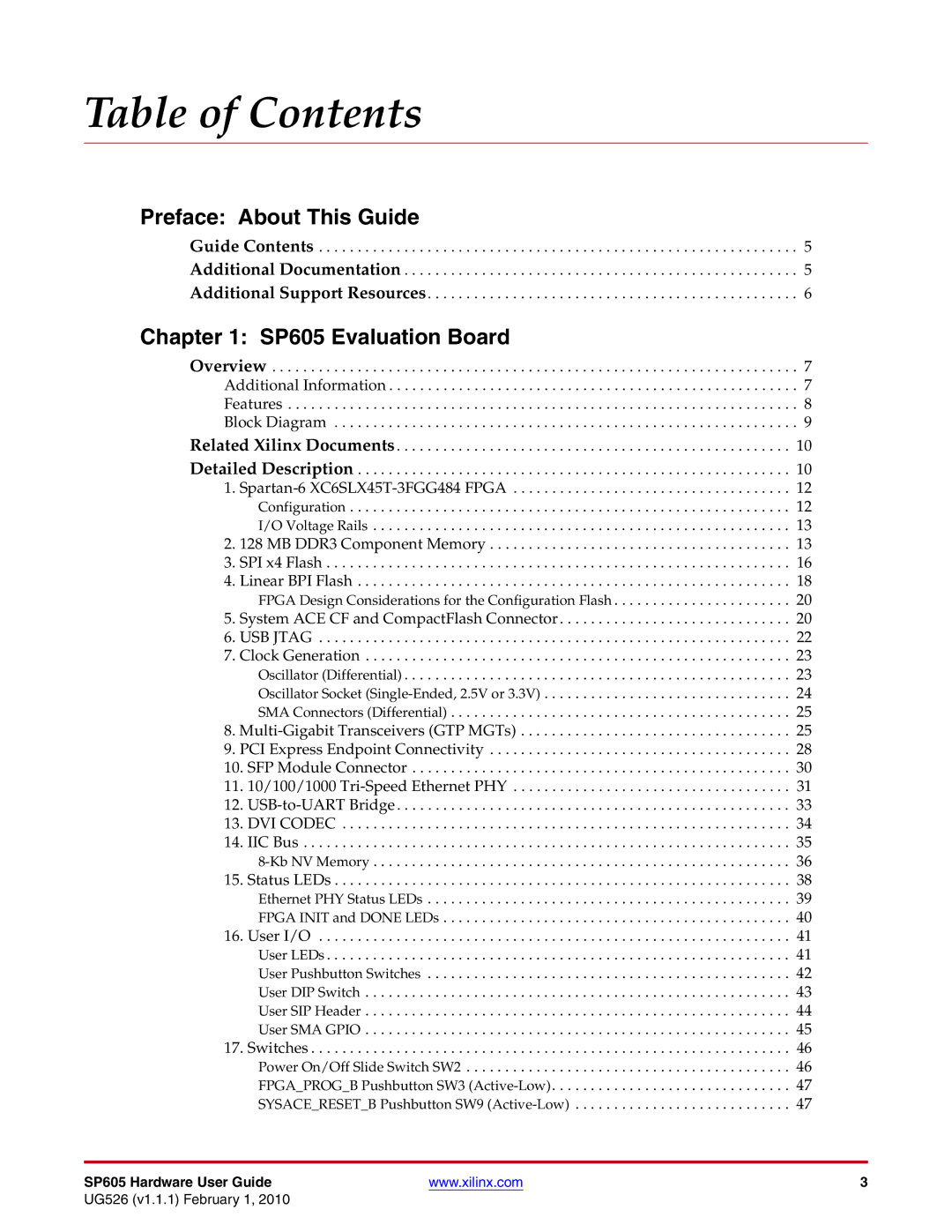 Xilinx SP605 manual Table of Contents 