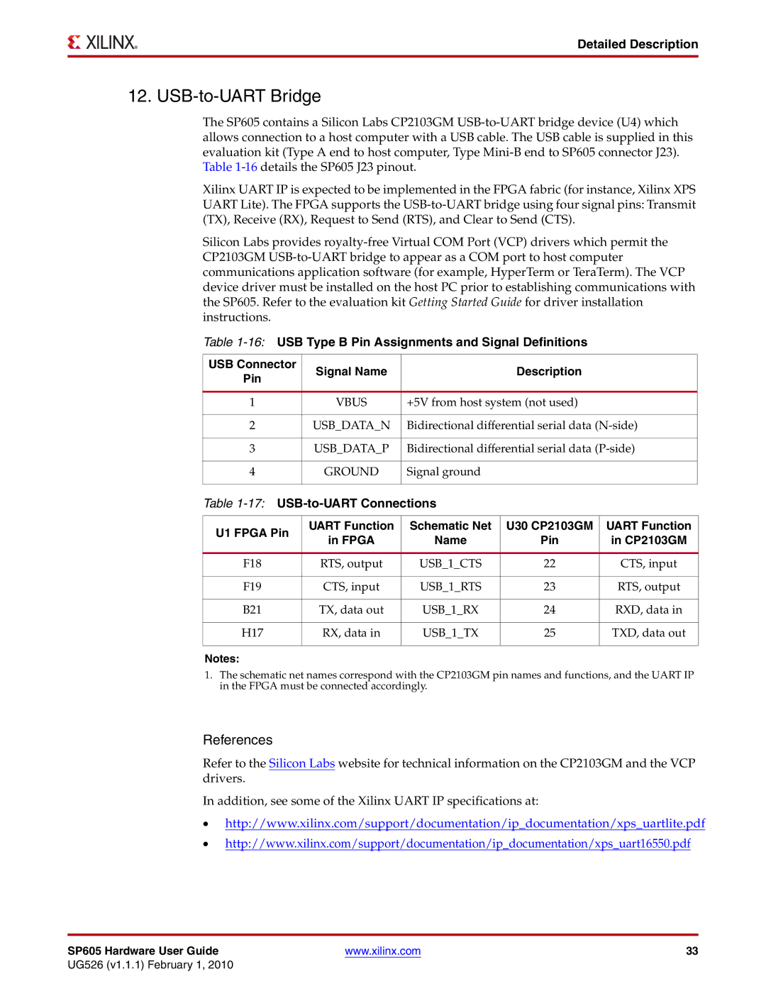 Xilinx SP605 manual USB-to-UART Bridge, USB-to-UART Connections 