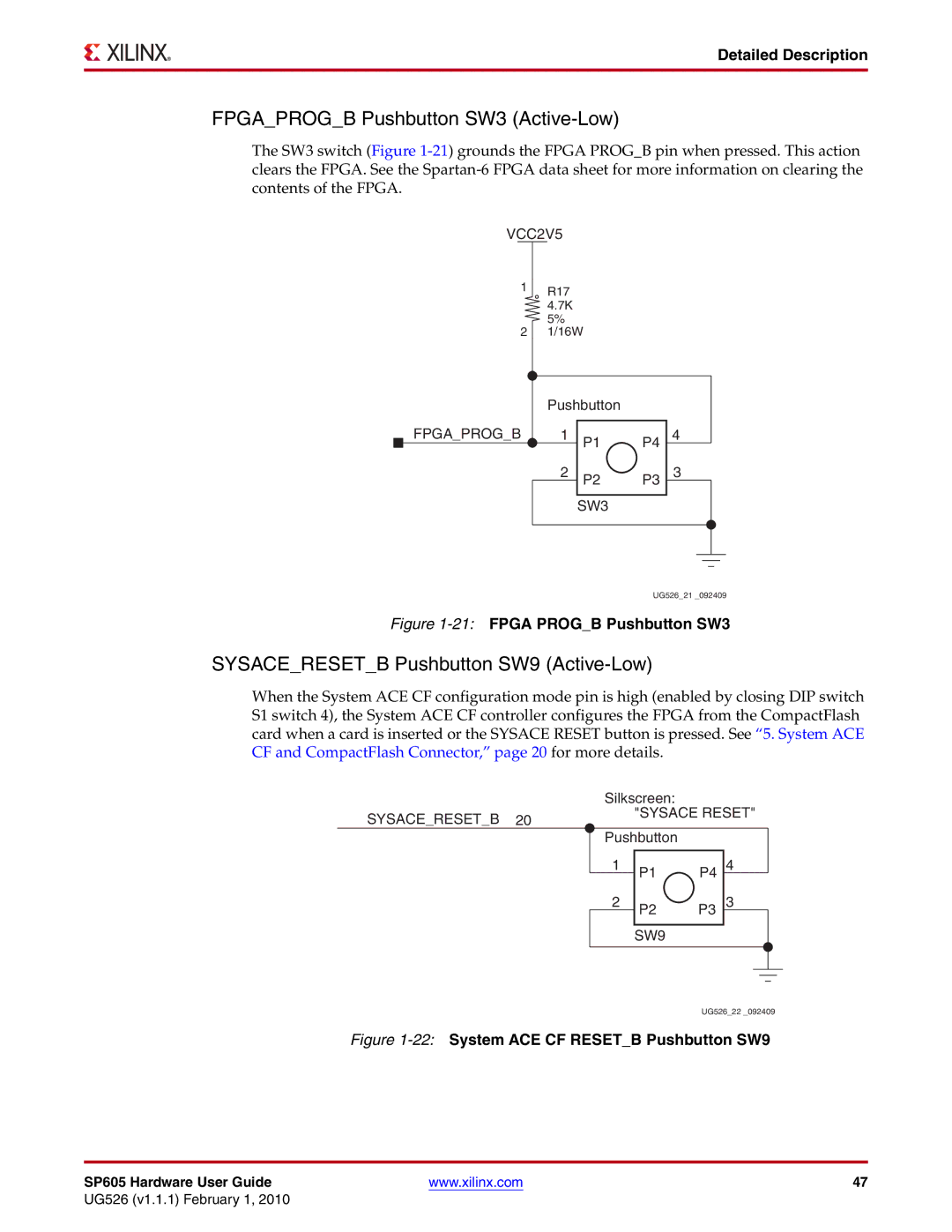 Xilinx SP605 manual Fpgaprogb Pushbutton SW3 Active-Low, Sysaceresetb Pushbutton SW9 Active-Low 