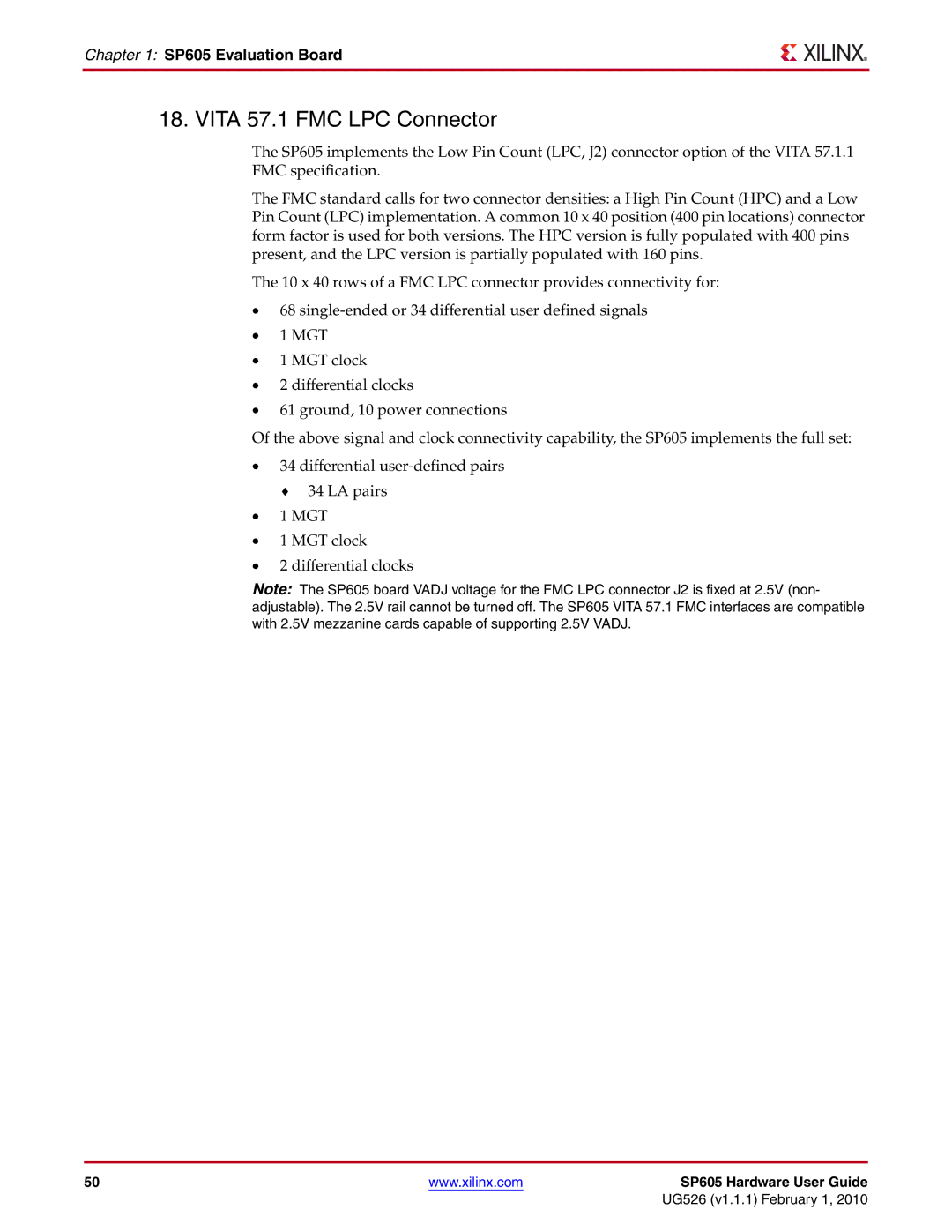 Xilinx SP605 manual Vita 57.1 FMC LPC Connector 