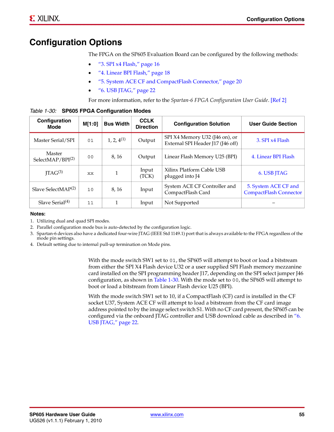 Xilinx Configuration Options, 30SP605 Fpga Configuration Modes M10 Bus Width, Configuration Solution User Guide Section 