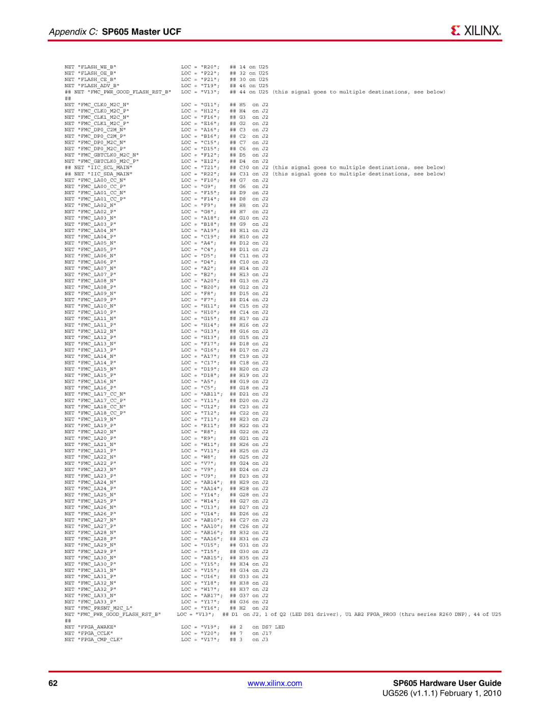 Xilinx manual Appendix C SP605 Master UCF, NET Fmcpwrgoodflashrstb 