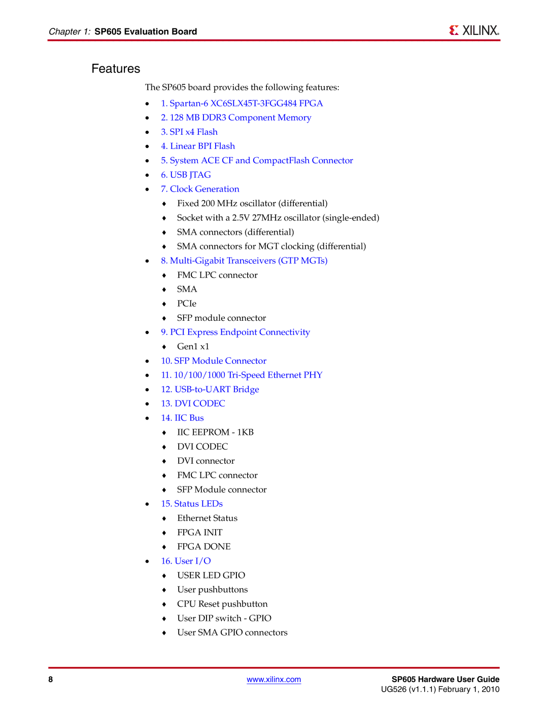 Xilinx manual Features, SP605 Evaluation Board 