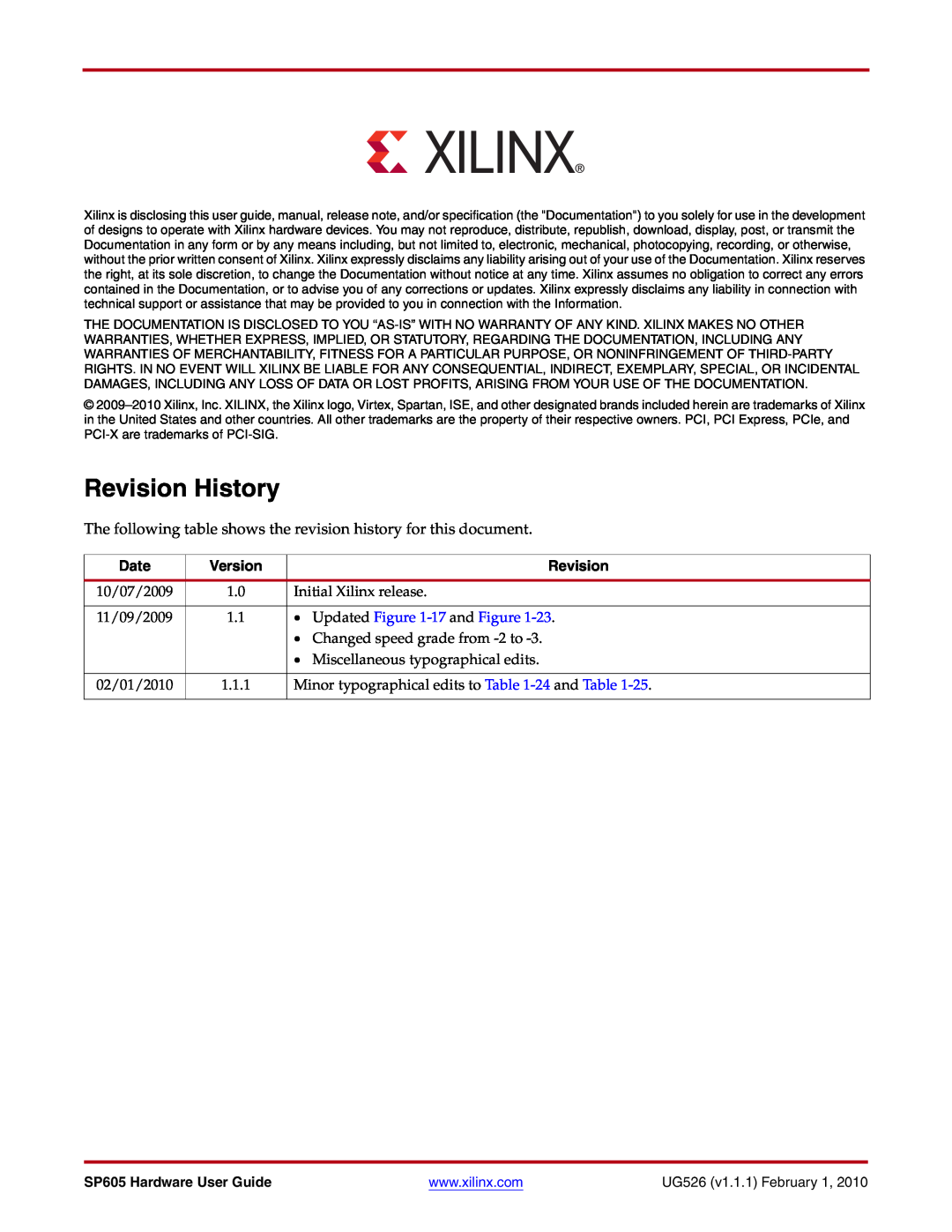Xilinx SP605 manual Revision History, Date, Version, Updated -17 and Figure 