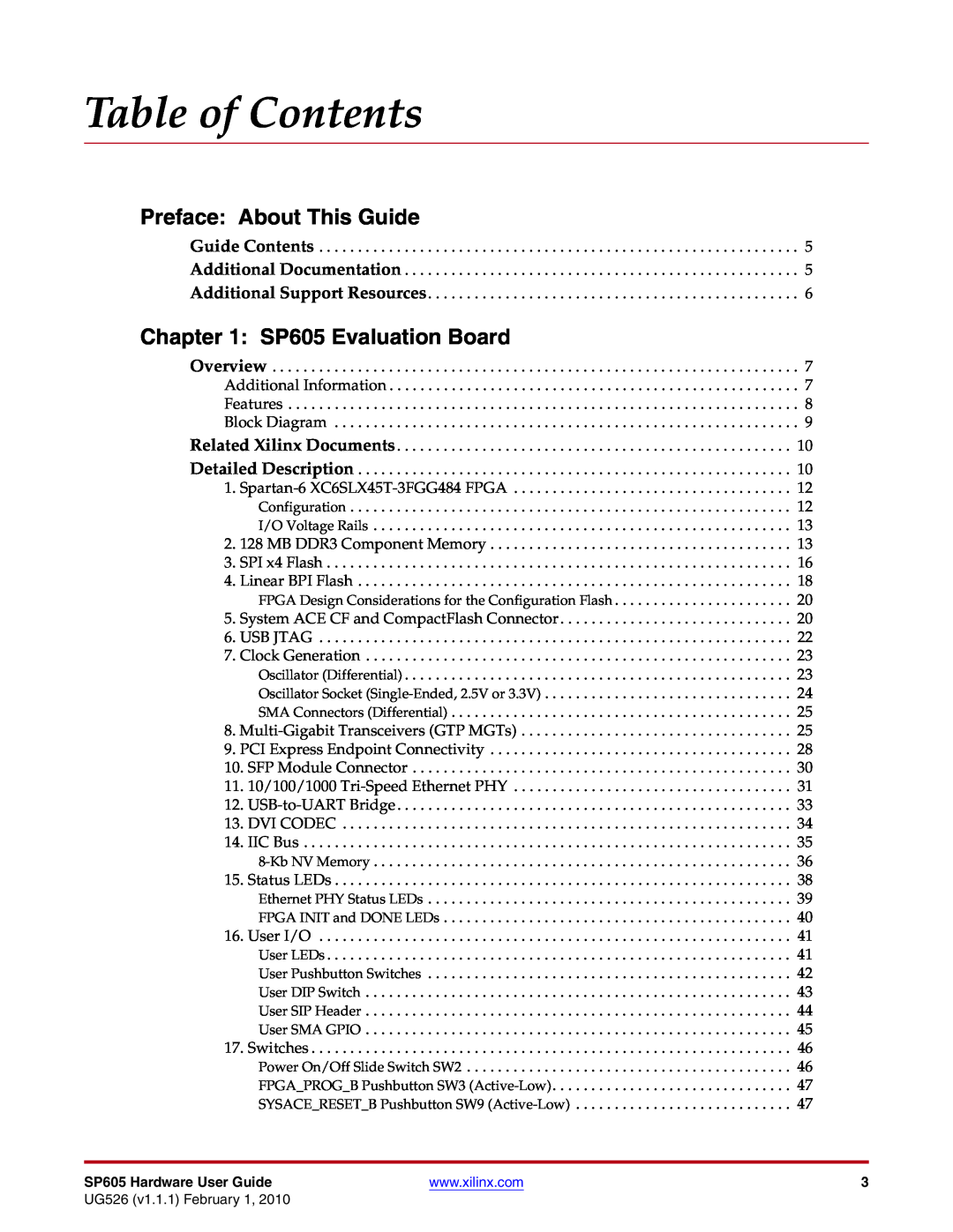 Xilinx manual Table of Contents, Preface About This Guide, SP605 Evaluation Board 