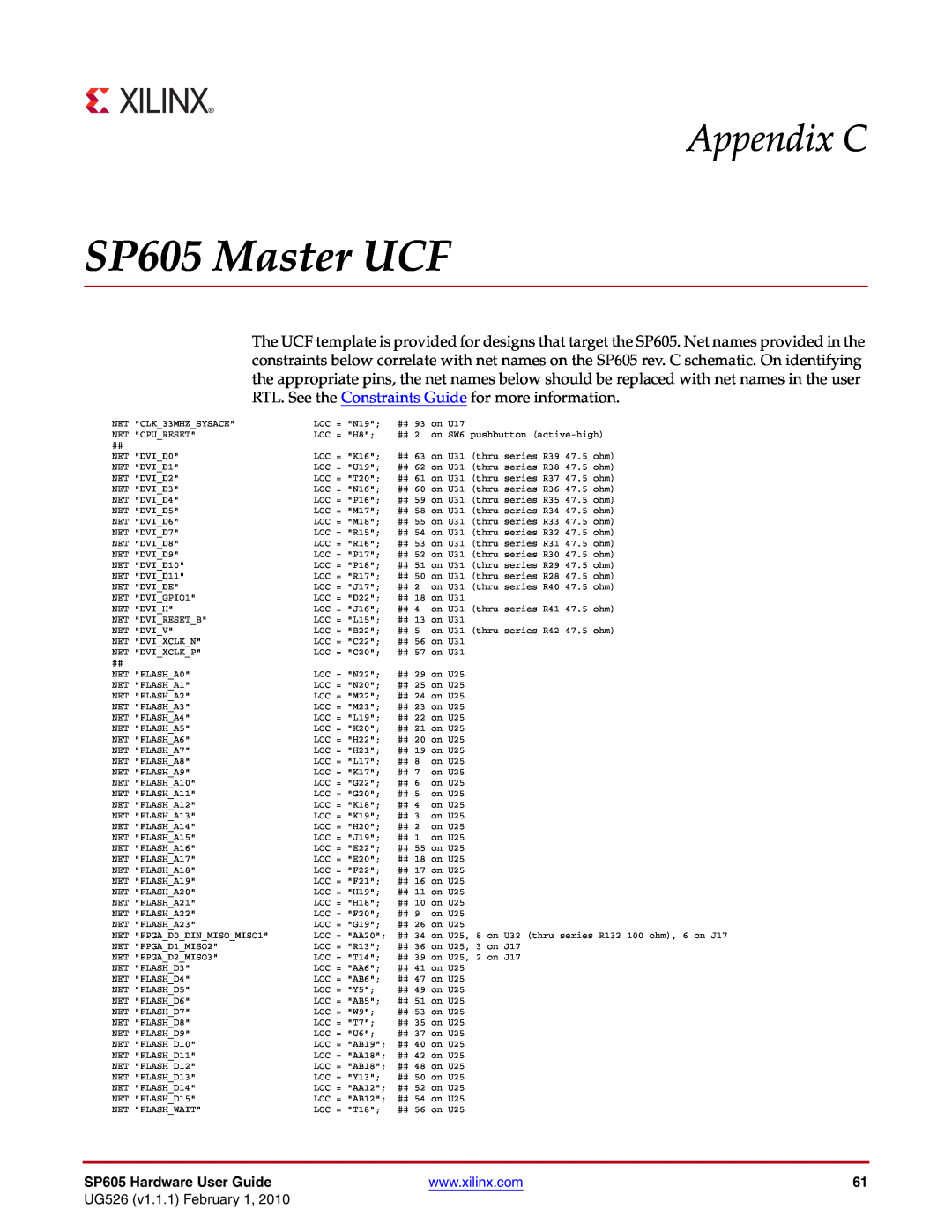 Xilinx manual SP605 Master UCF, Appendix C, UG526 v1.1.1 February 1 