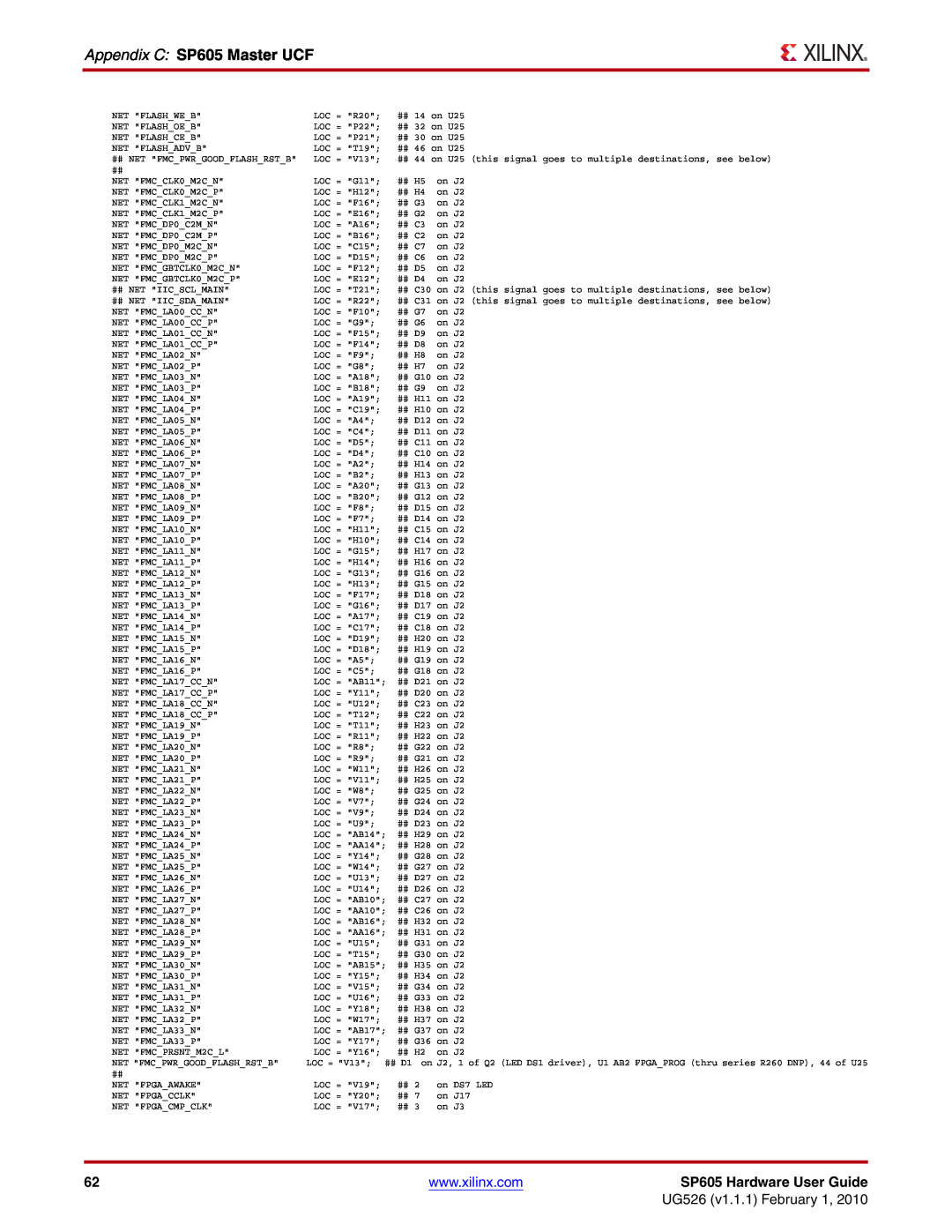 Xilinx manual Appendix C SP605 Master UCF, SP605 Hardware User Guide, UG526 v1.1.1 February 1 