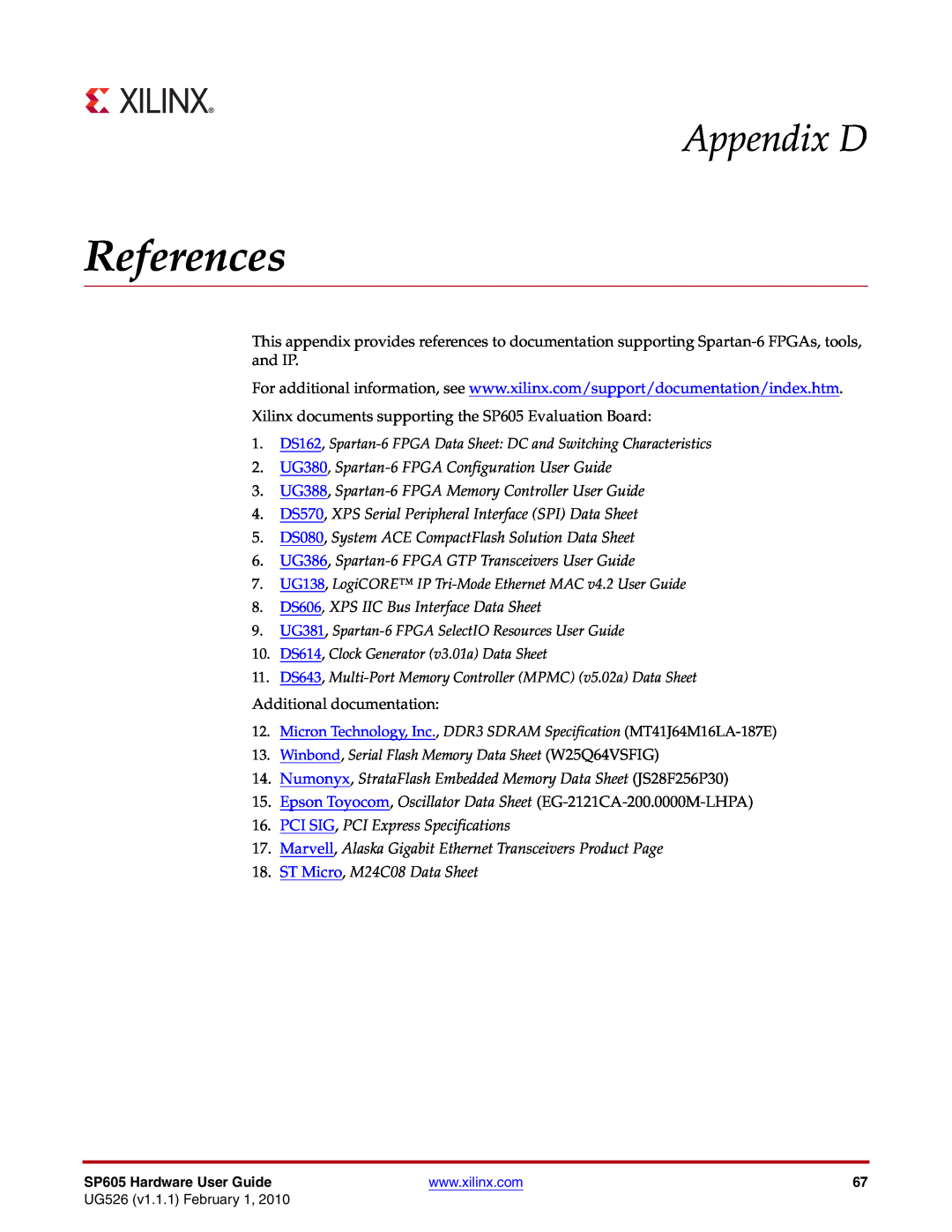 Xilinx SP605 manual References, Appendix D 