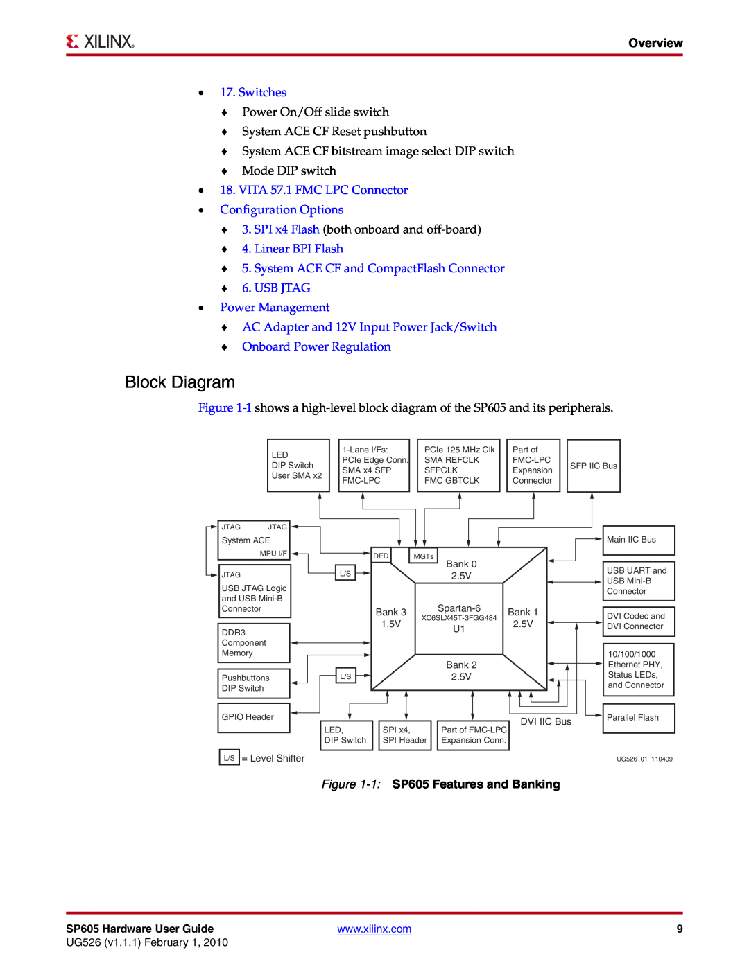 Xilinx SP605 Block Diagram, Overview, Switches, VITA 57.1 FMC LPC Connector Configuration Options, UG526 v1.1.1 February 1 