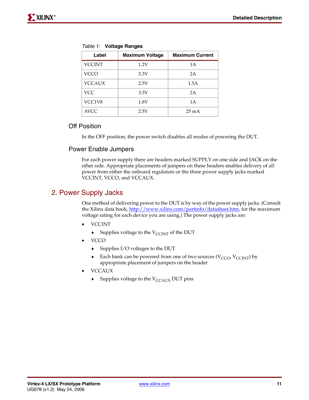 Xilinx UG078 manual Power Supply Jacks, Power Enable Jumpers 