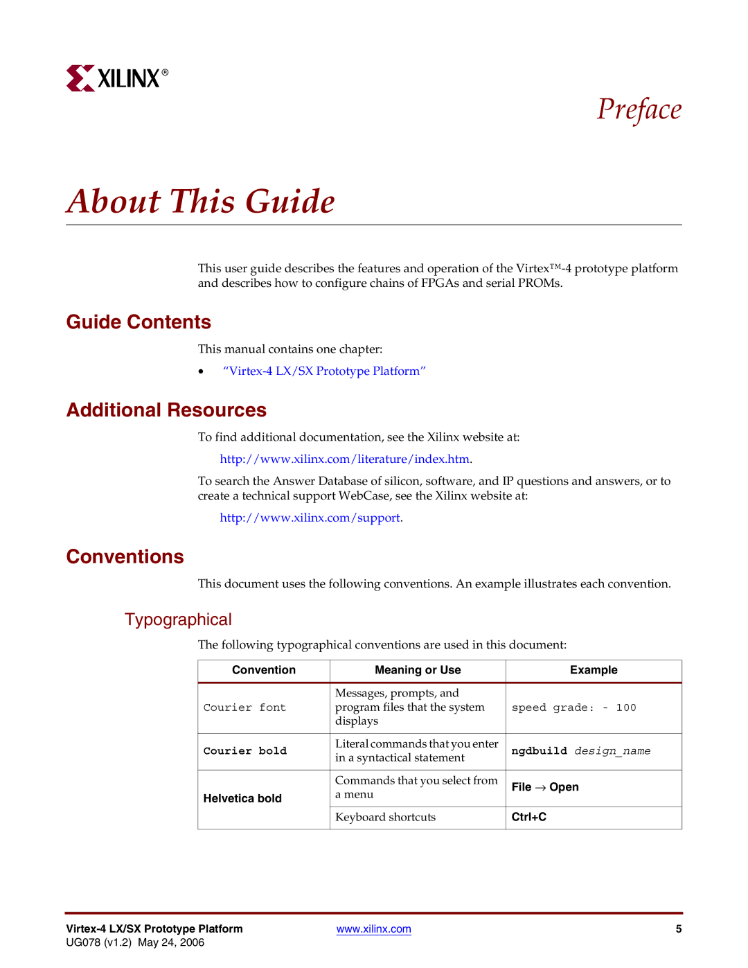 Xilinx UG078 manual Guide Contents, Additional Resources, Conventions, Typographical 