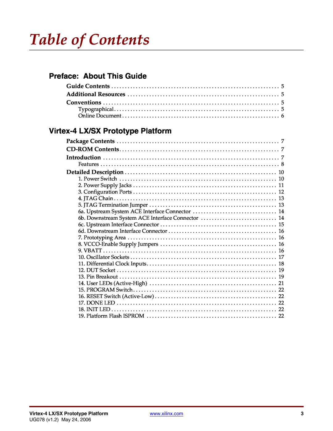 Xilinx UG078 manual Table of Contents, Preface About This Guide, Virtex-4LX/SX Prototype Platform 