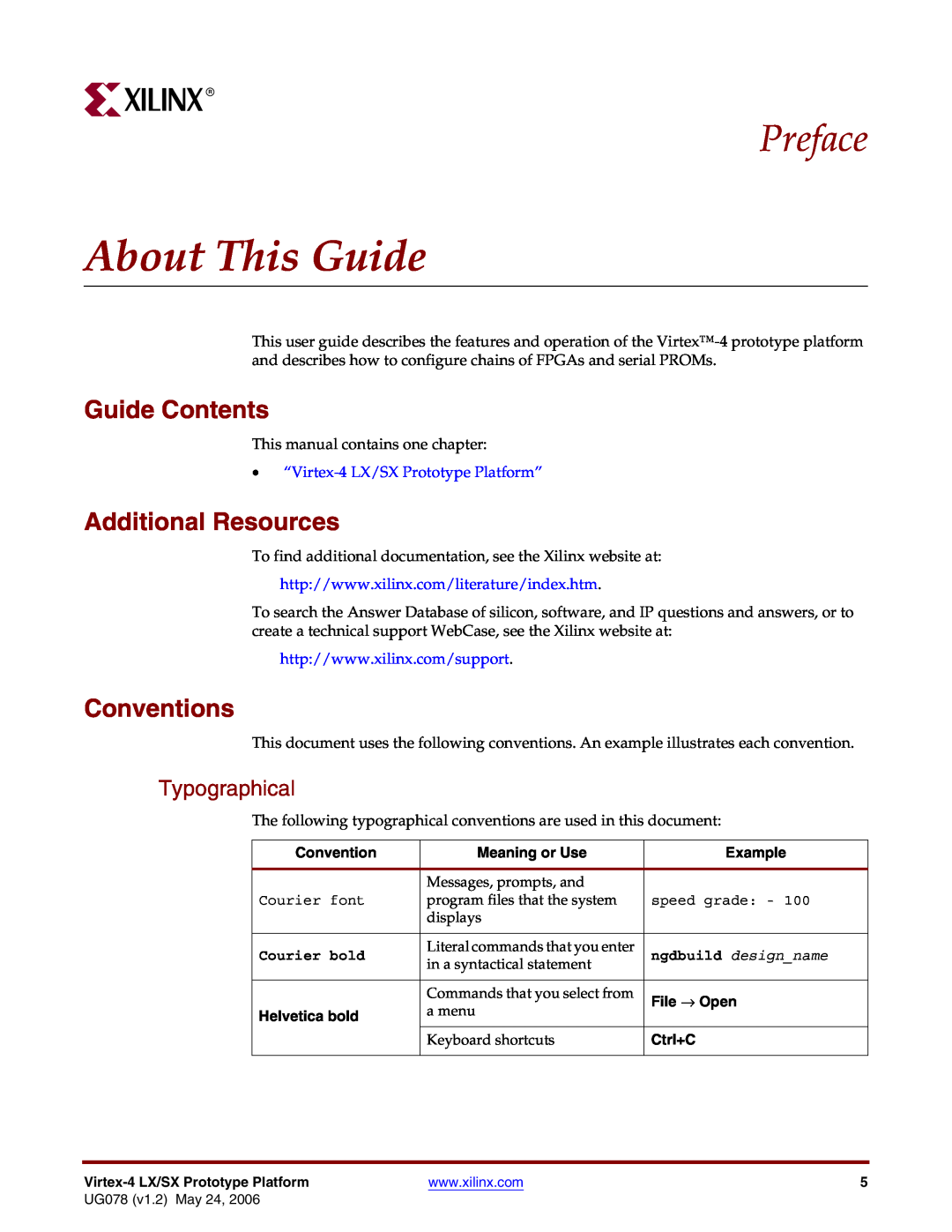 Xilinx UG078 About This Guide, Guide Contents, Additional Resources, Conventions, Typographical, Meaning or Use, Example 