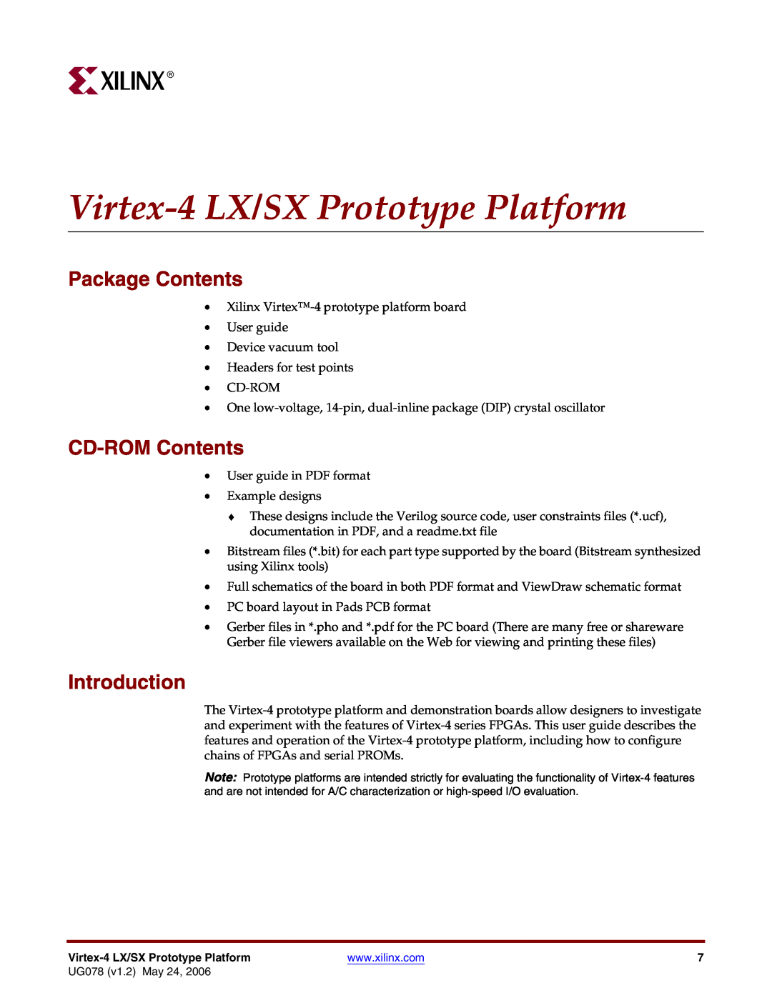 Xilinx UG078 manual Virtex-4LX/SX Prototype Platform, Package Contents, CD-ROMContents, Introduction 