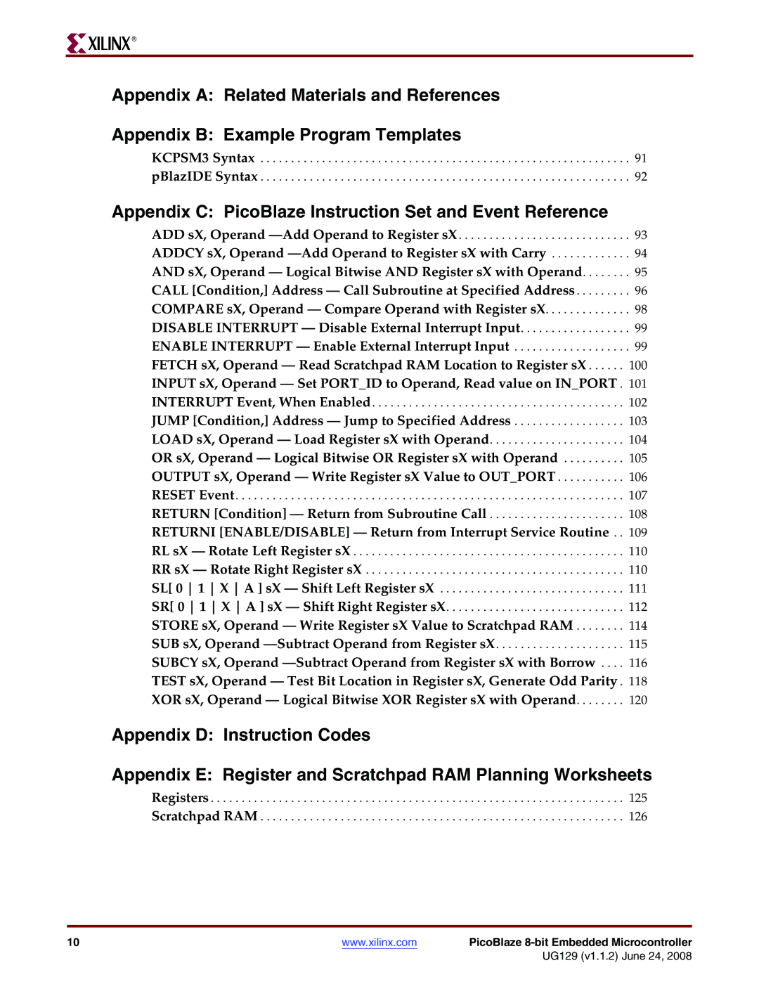 Xilinx UG129 manual Appendix C PicoBlaze Instruction Set and Event Reference 