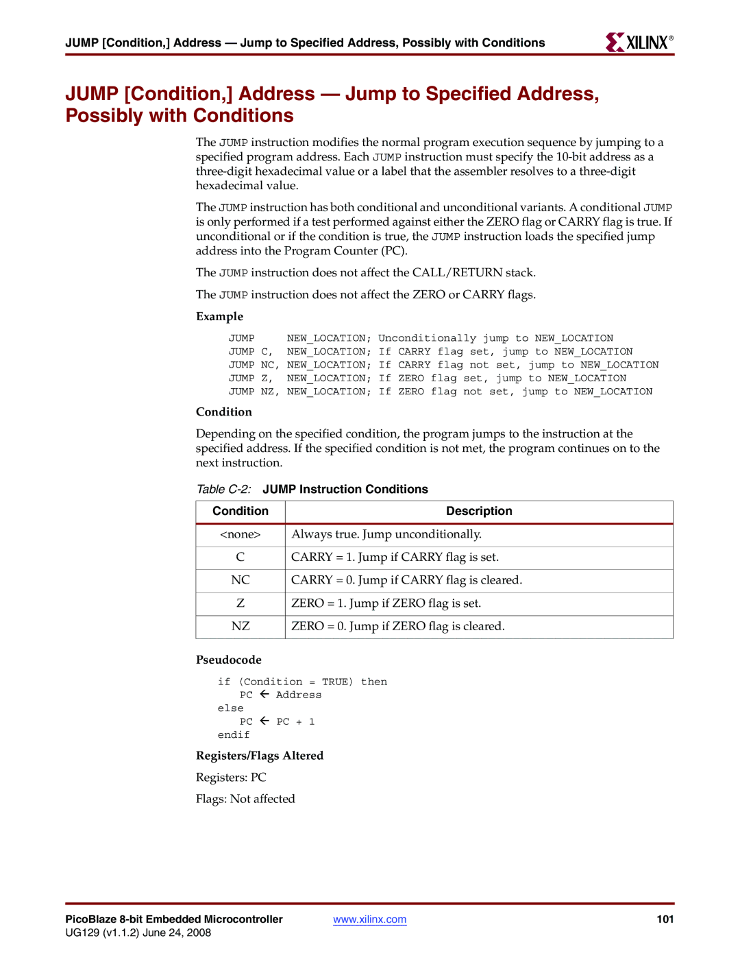 Xilinx UG129 manual Table C-2JUMP Instruction Conditions Description 