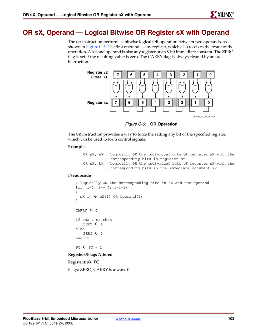 Xilinx UG129 manual Or sX, Operand Logical Bitwise or Register sX with Operand 