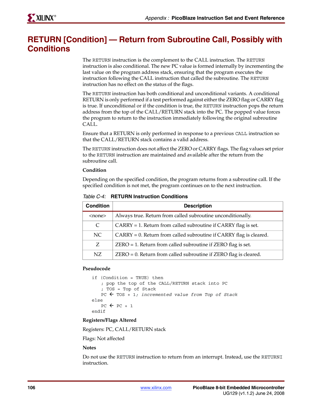 Xilinx UG129 manual Table C-4RETURN Instruction Conditions Description 