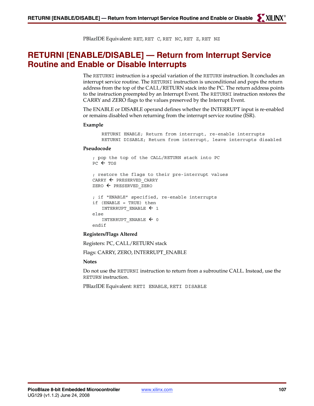 Xilinx UG129 manual PBlazIDE Equivalent RET, RET C, RET NC, RET Z, RET NZ 