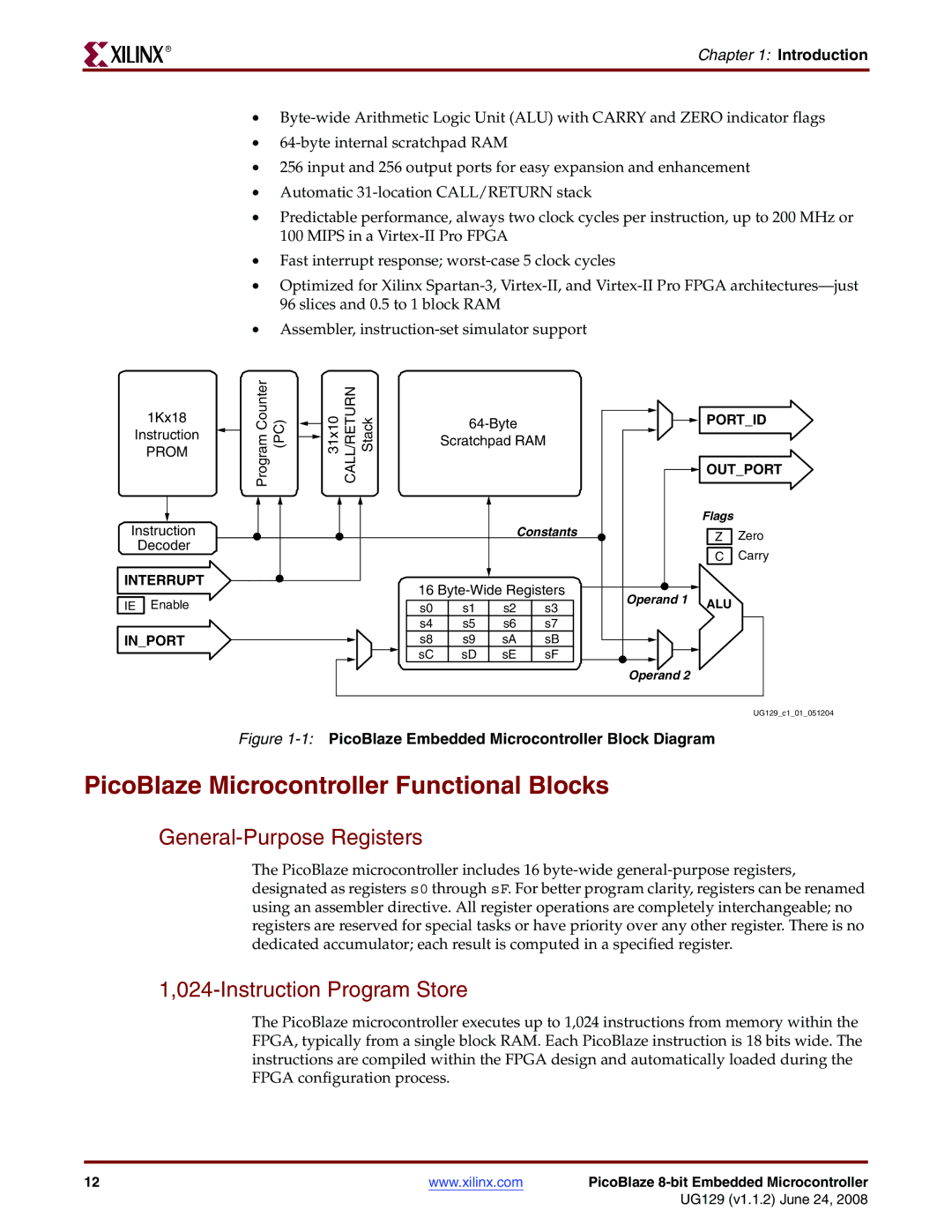 Xilinx UG129 manual PicoBlaze Microcontroller Functional Blocks, General-Purpose Registers, Instruction Program Store 