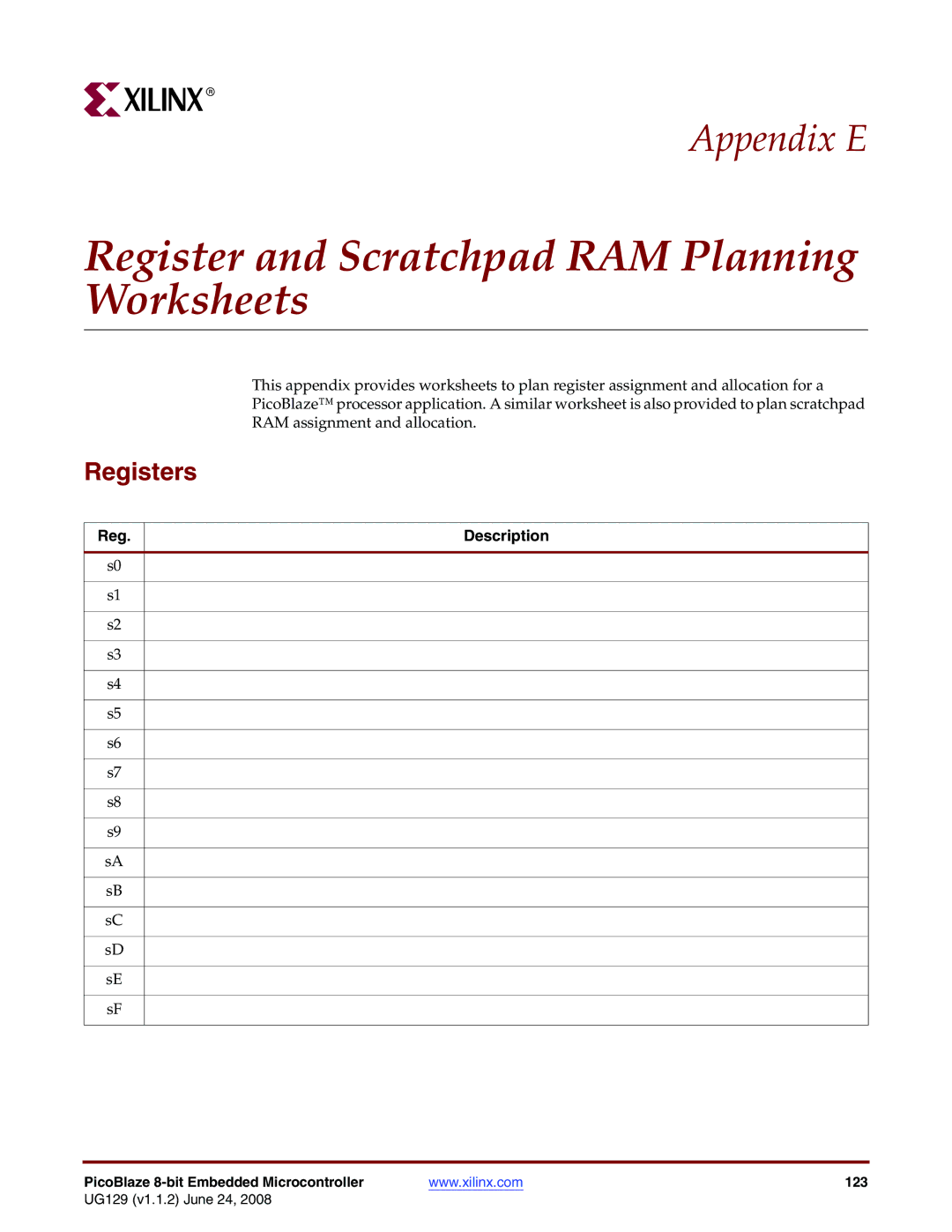 Xilinx UG129 manual Register and Scratchpad RAM Planning Worksheets, Registers, Reg Description 