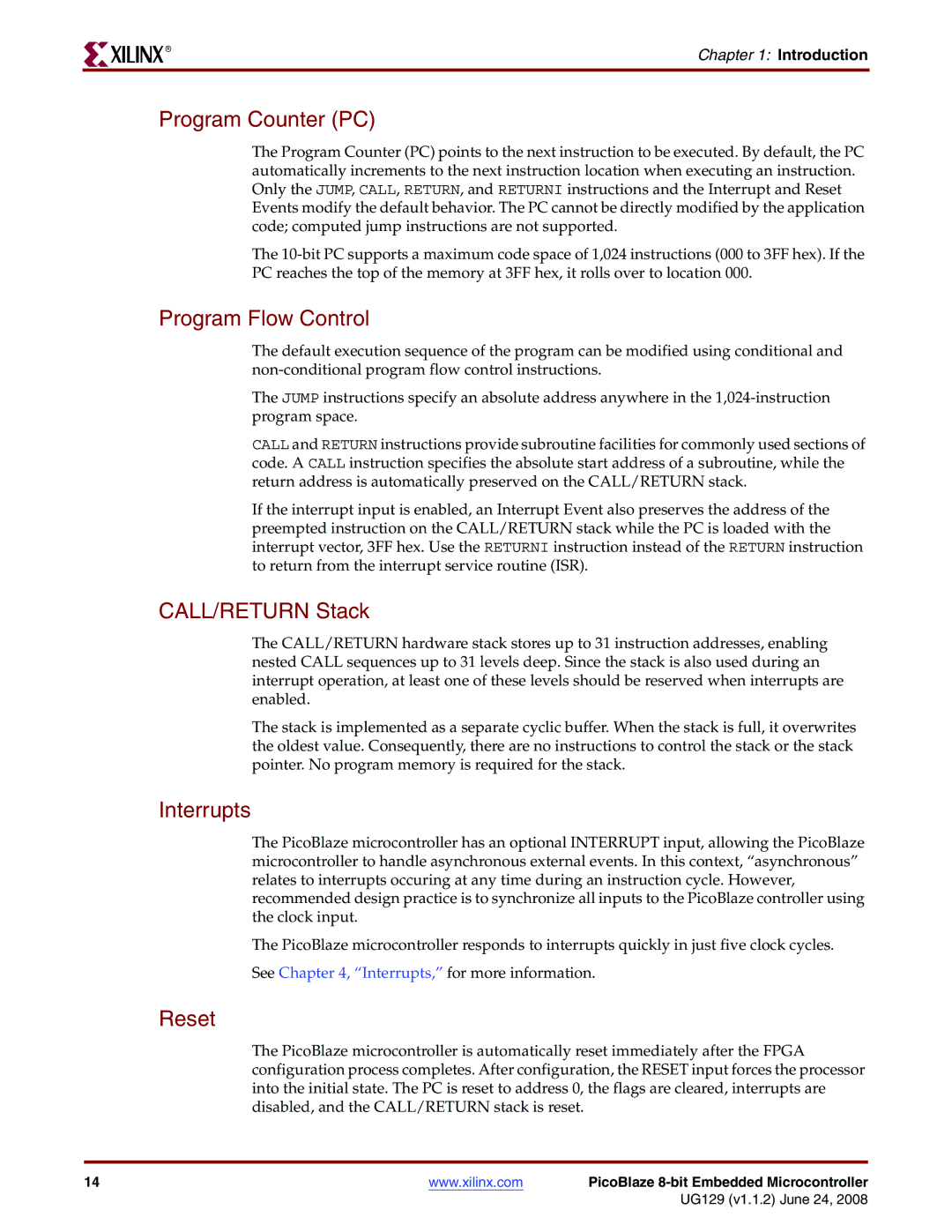 Xilinx UG129 manual Program Counter PC, Program Flow Control, CALL/RETURN Stack, Interrupts, Reset 