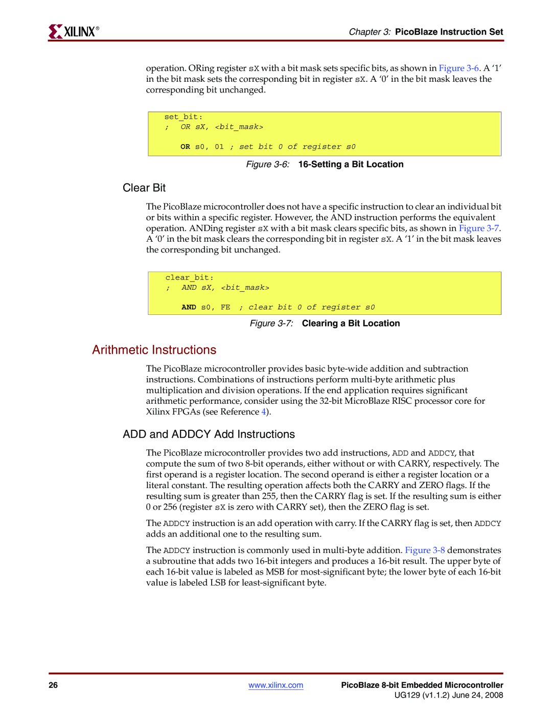 Xilinx UG129 manual Arithmetic Instructions, Setting a Bit Location 