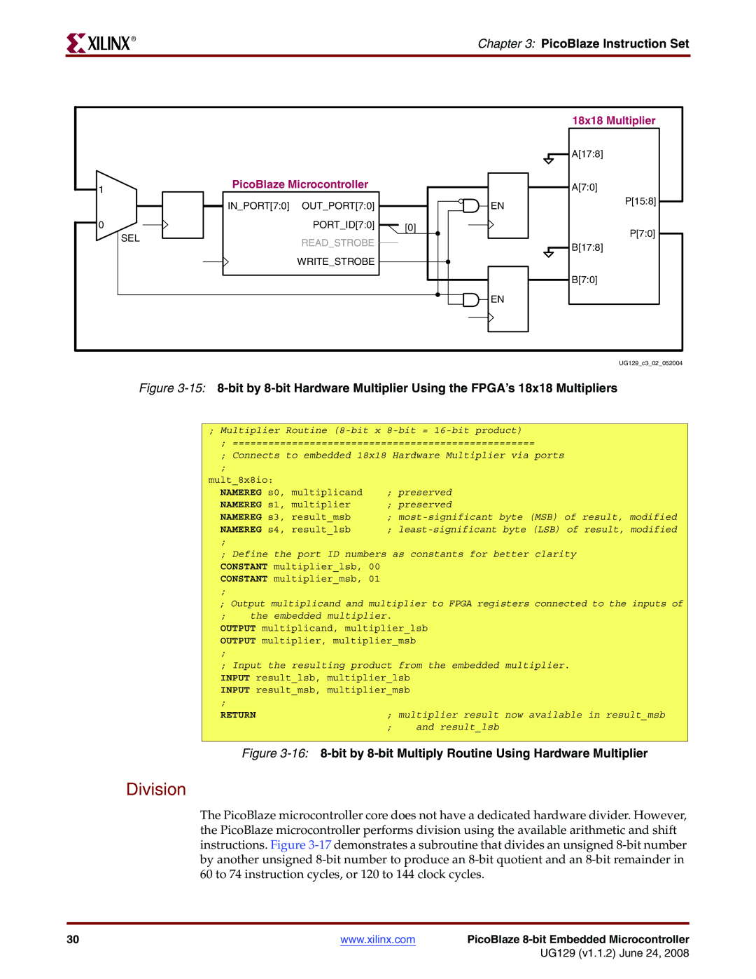 Xilinx UG129 manual Division, bit by 8-bit Multiply Routine Using Hardware Multiplier 