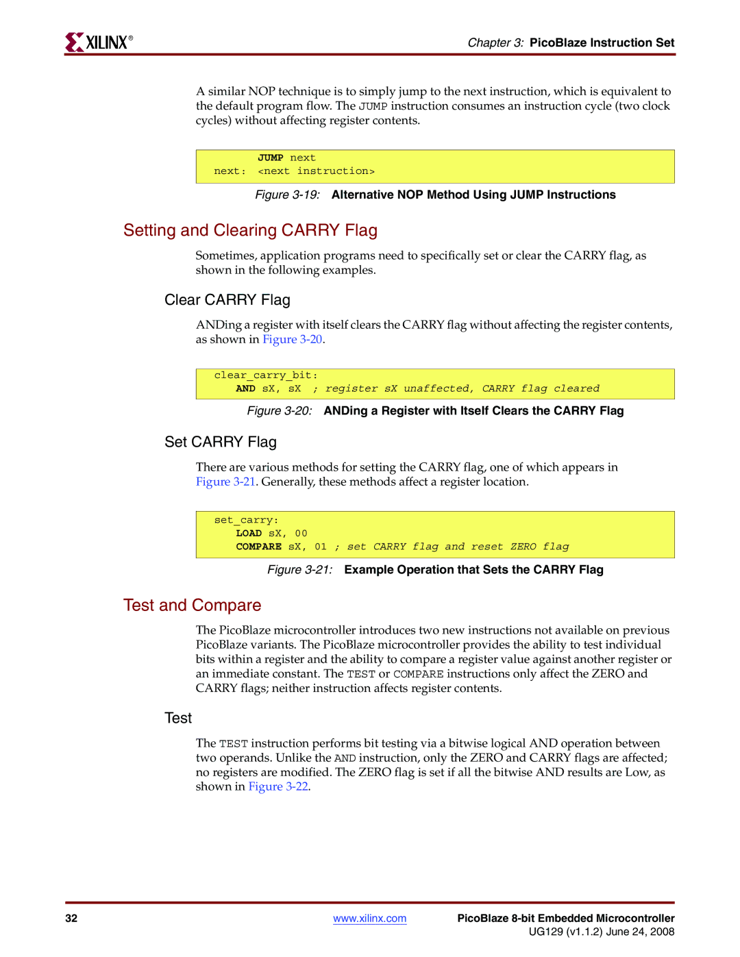 Xilinx UG129 manual Setting and Clearing Carry Flag, Test and Compare 