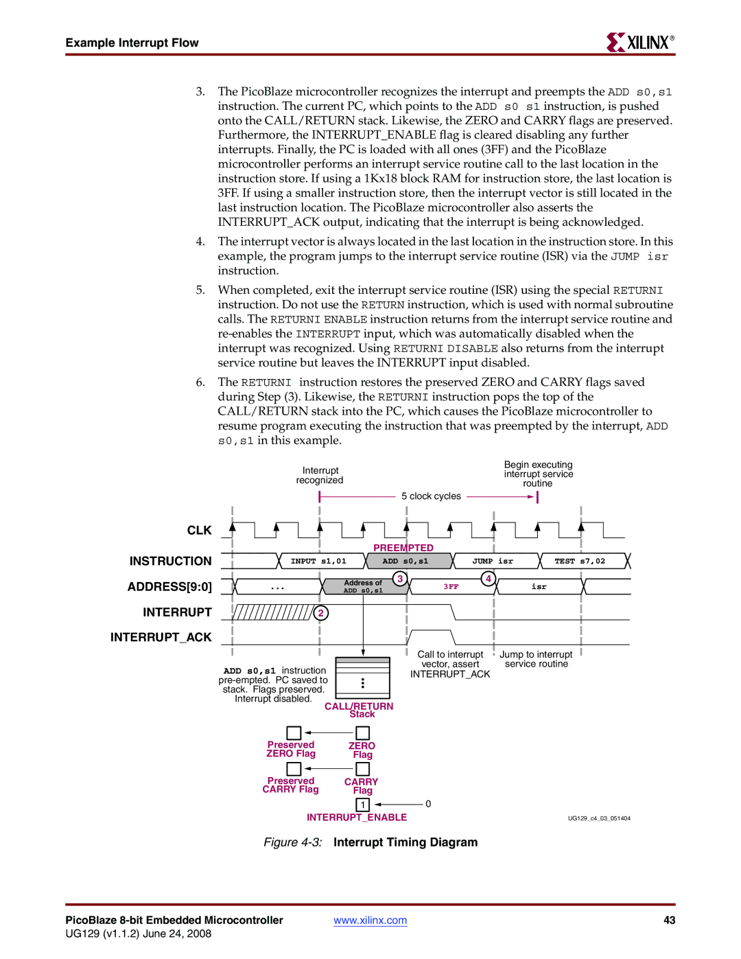 Xilinx UG129 manual Example Interrupt Flow, 3Interrupt Timing Diagram 