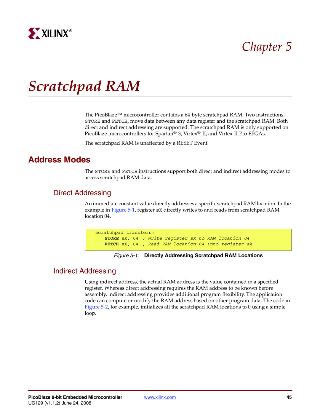 Xilinx UG129 manual Scratchpad RAM, Address Modes, Direct Addressing, Indirect Addressing 