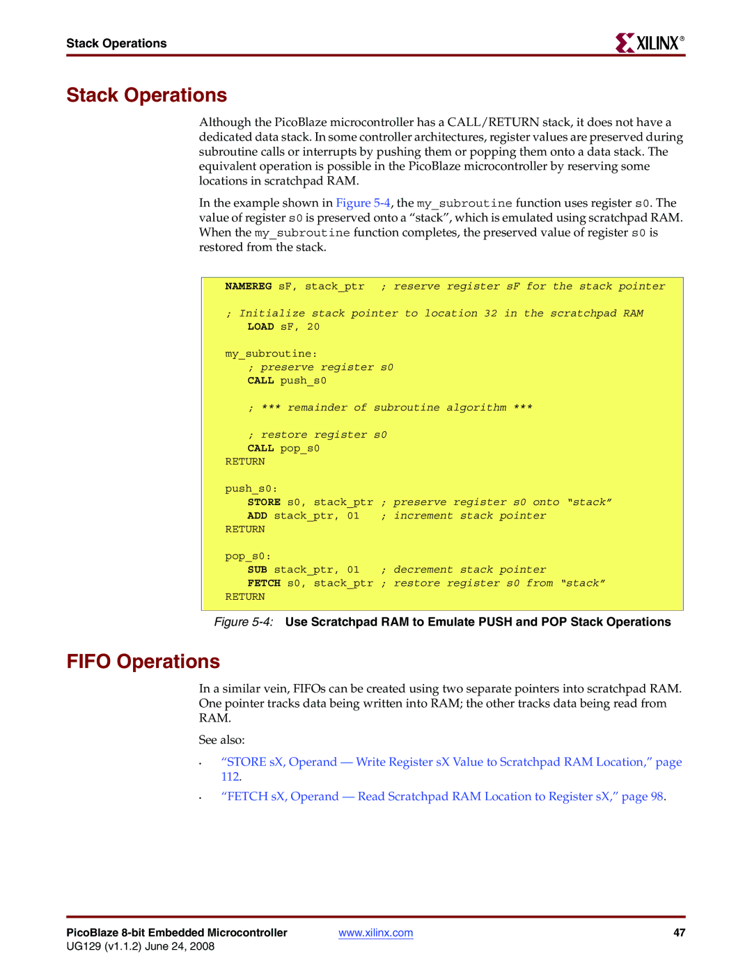 Xilinx UG129 manual Stack Operations, Fifo Operations 