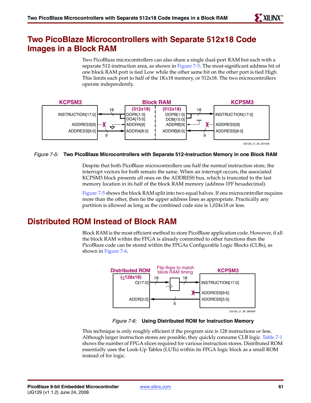 Xilinx UG129 manual Distributed ROM Instead of Block RAM, 6Using Distributed ROM for Instruction Memory 