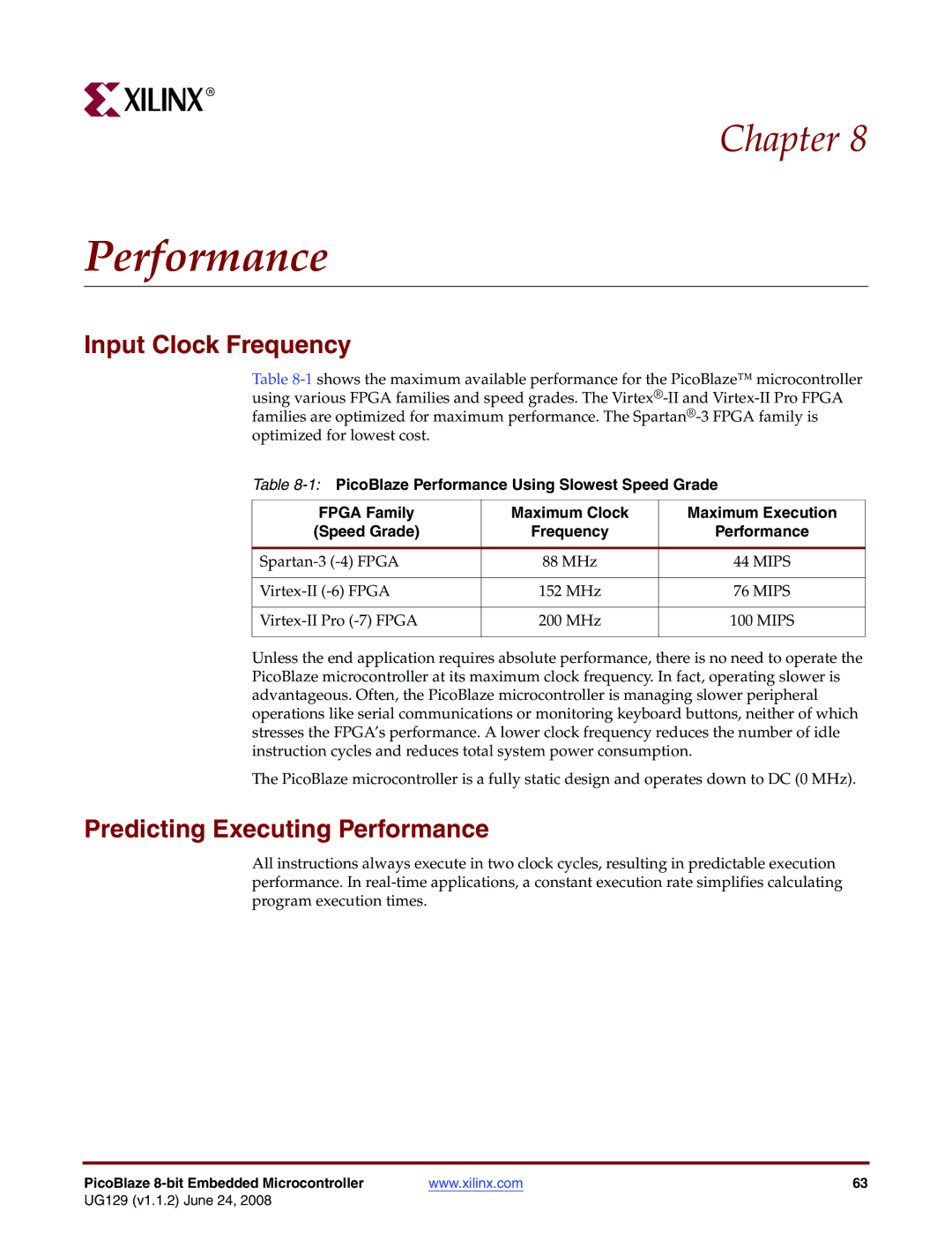 Xilinx UG129 manual Input Clock Frequency, Predicting Executing Performance 