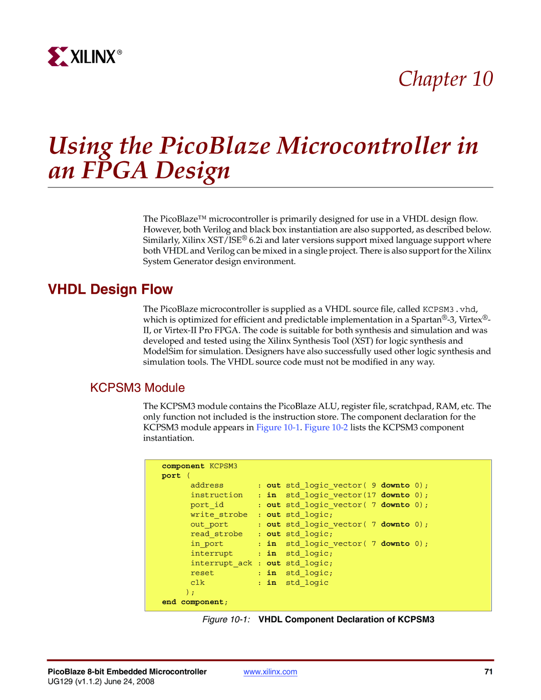 Xilinx UG129 manual Using the PicoBlaze Microcontroller in an Fpga Design, Vhdl Design Flow, KCPSM3 Module 