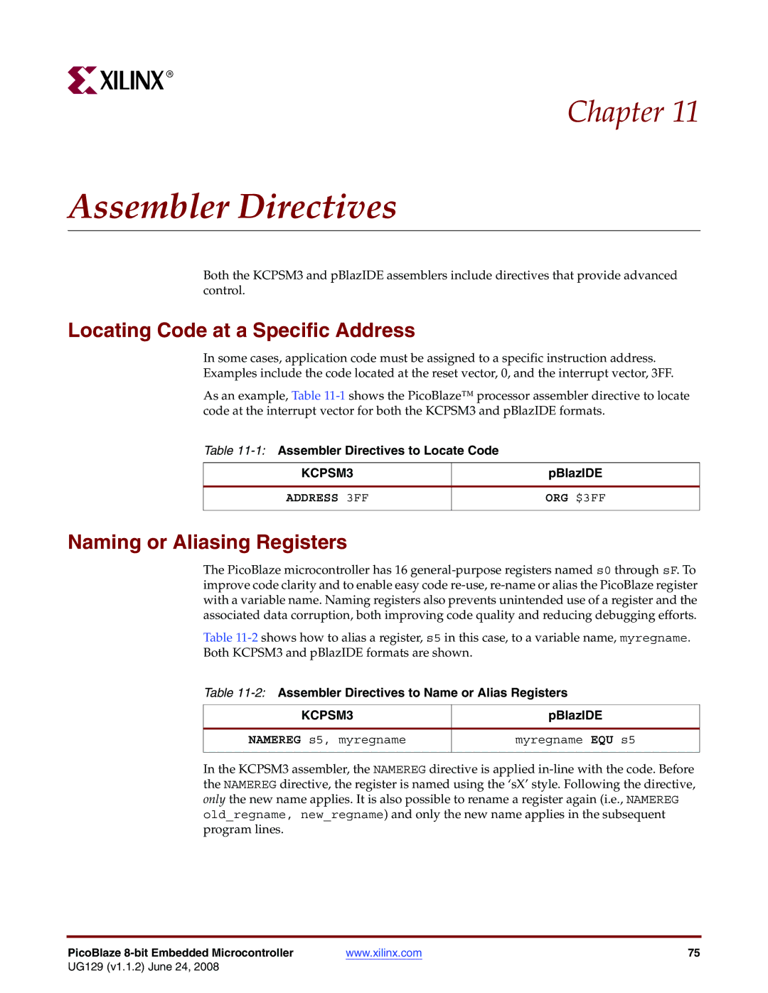 Xilinx UG129 manual Assembler Directives, Locating Code at a Specific Address, Naming or Aliasing Registers 