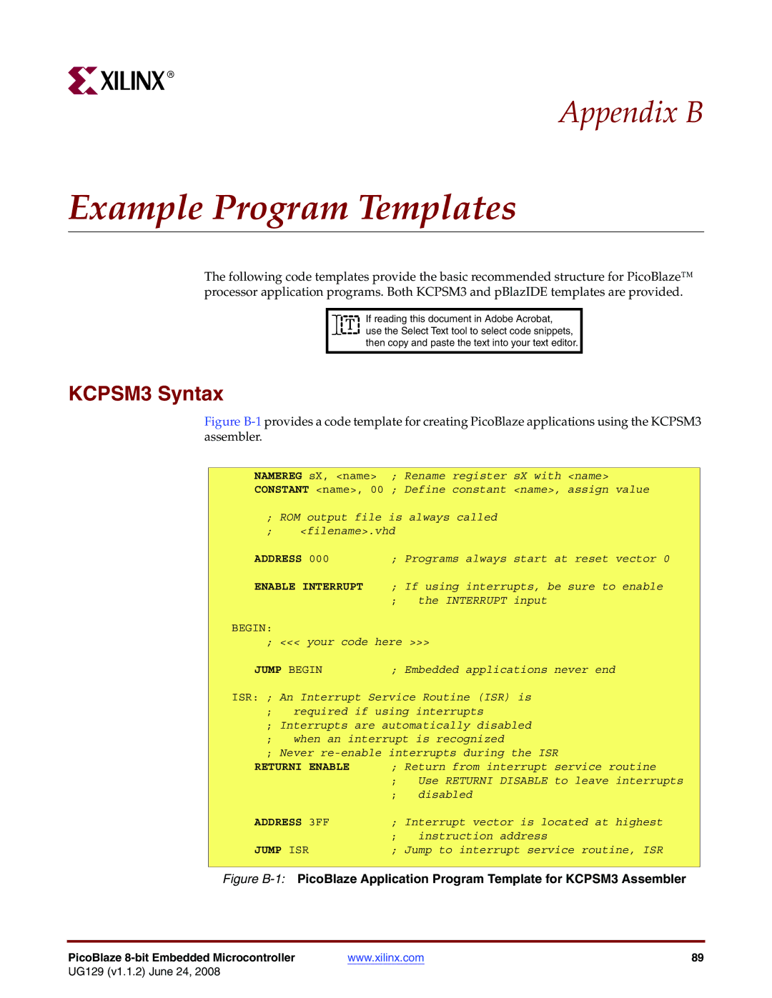 Xilinx UG129 manual Example Program Templates, KCPSM3 Syntax 