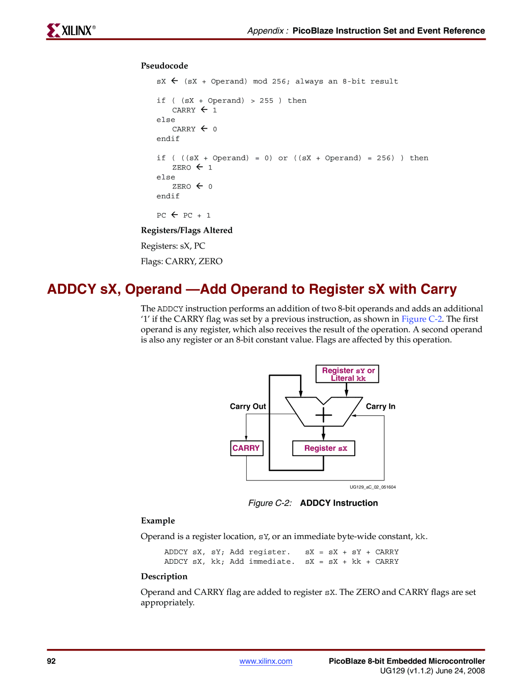 Xilinx UG129 manual Addcy sX, Operand -Add Operand to Register sX with Carry 