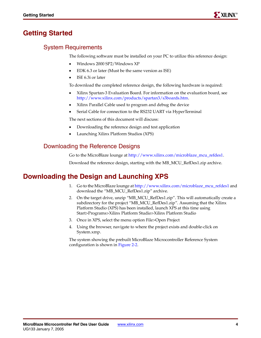 Xilinx UG133 manual Getting Started, Downloading the Design and Launching XPS, System Requirements 