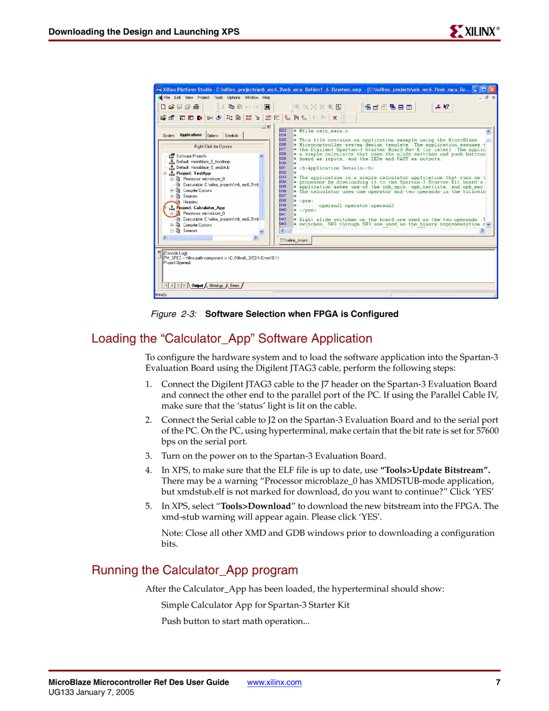 Xilinx UG133 manual Loading the CalculatorApp Software Application, Running the CalculatorApp program 