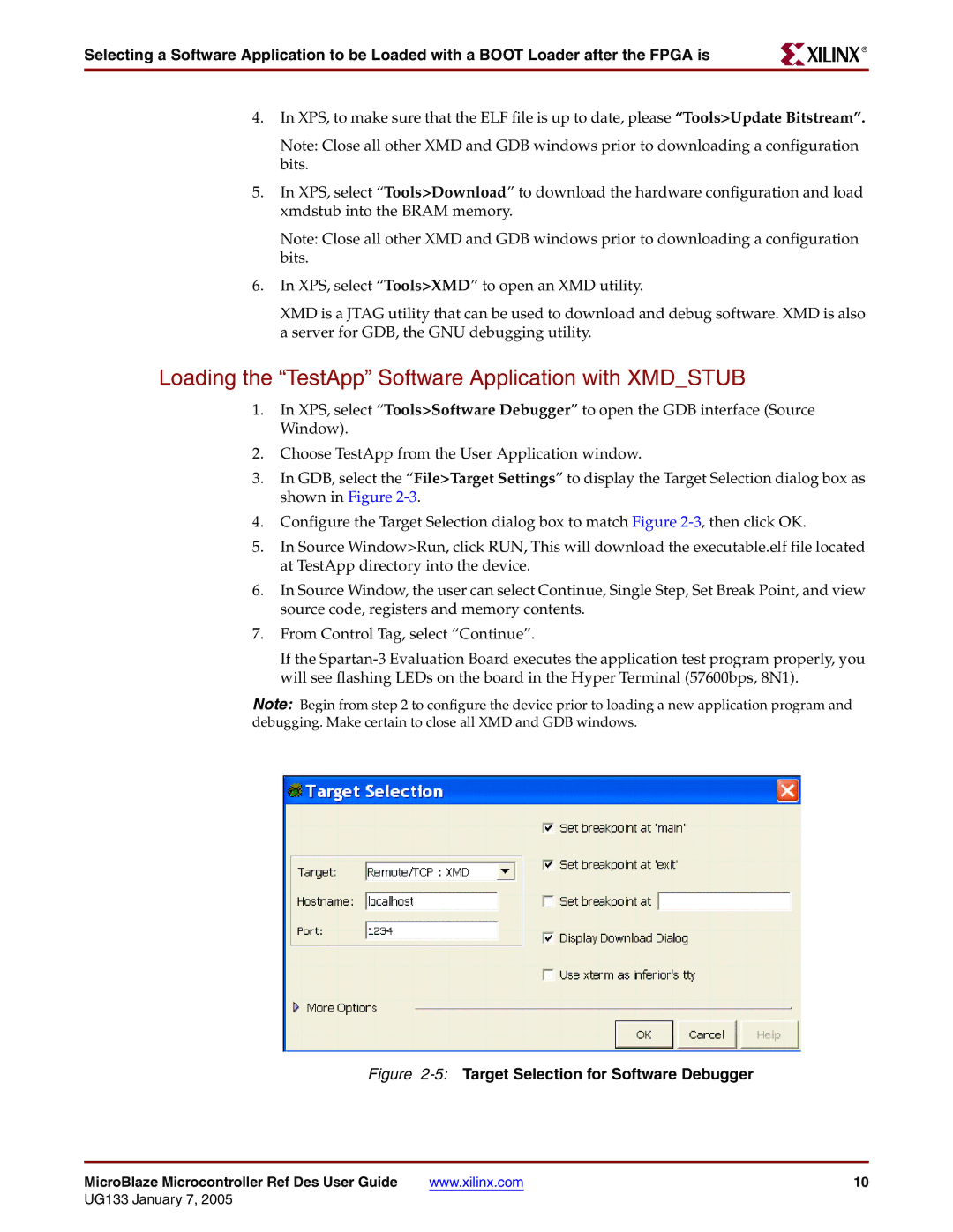 Xilinx UG133 manual Loading the TestApp Software Application with Xmdstub, 5Target Selection for Software Debugger 