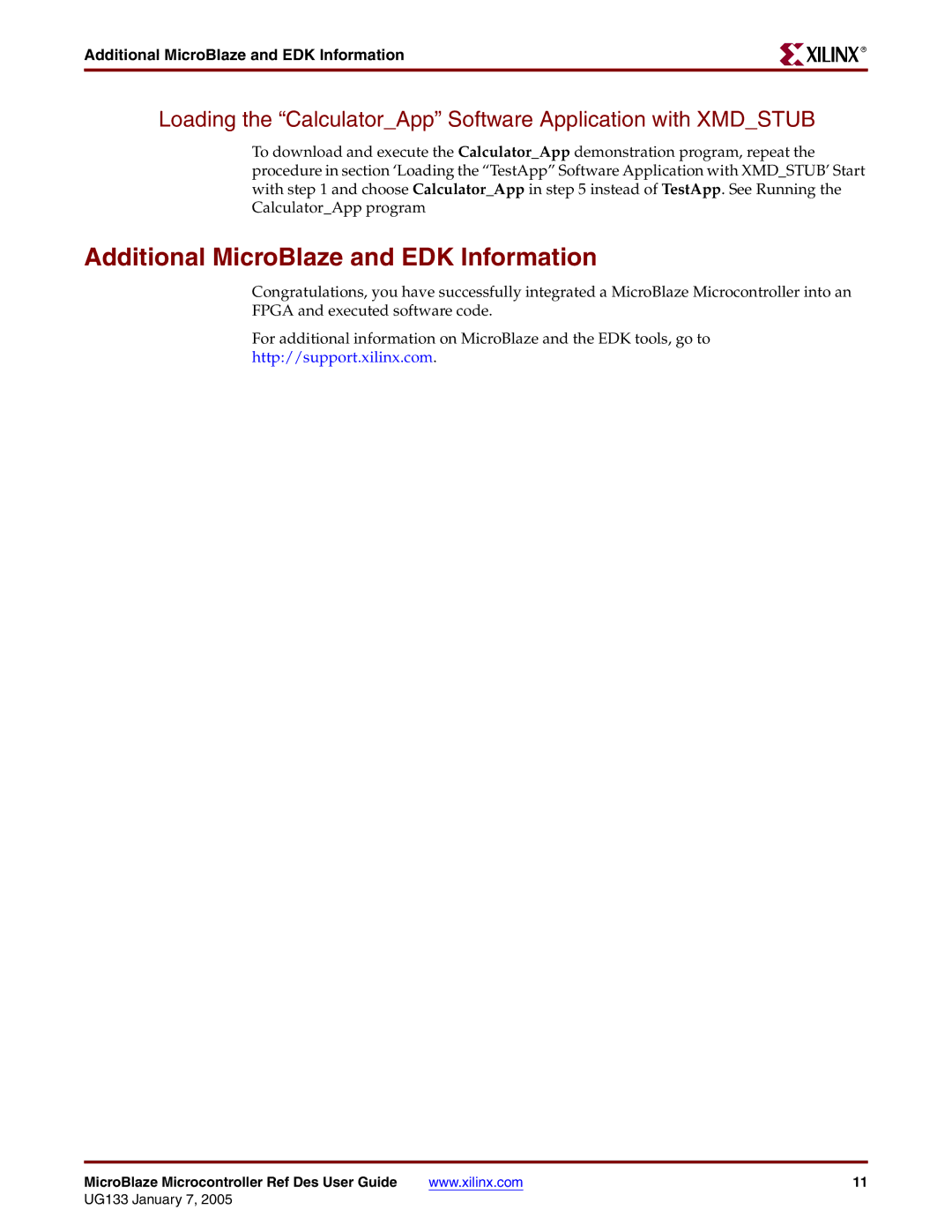 Xilinx UG133 manual Additional MicroBlaze and EDK Information, Loading the CalculatorApp Software Application with Xmdstub 