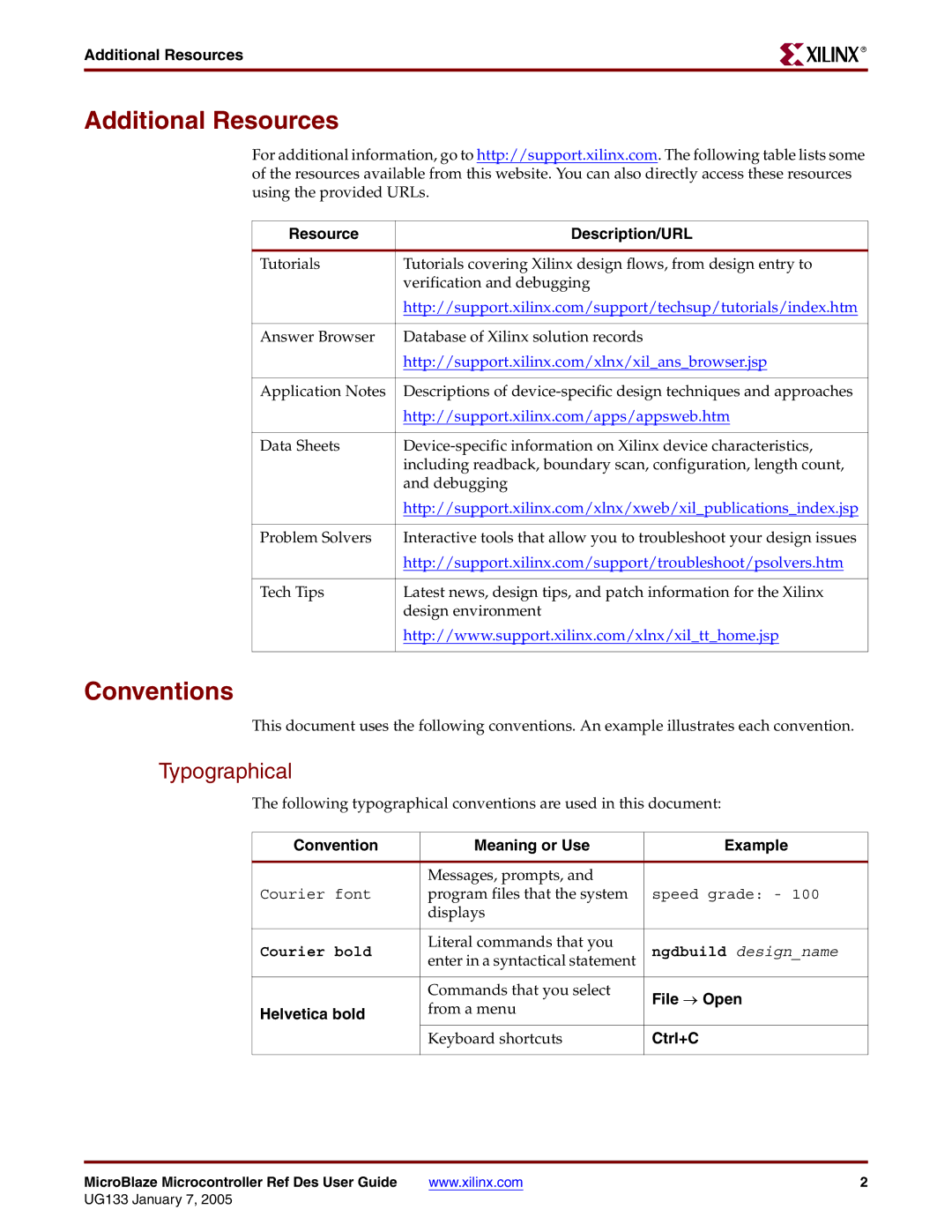 Xilinx UG133 manual Additional Resources, Conventions, Typographical 