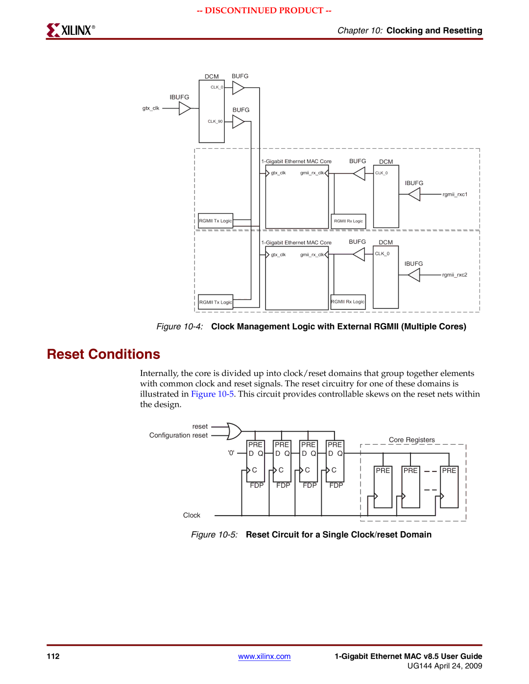 Xilinx UG144 manual Reset Conditions, 4Clock Management Logic with External Rgmii Multiple Cores 