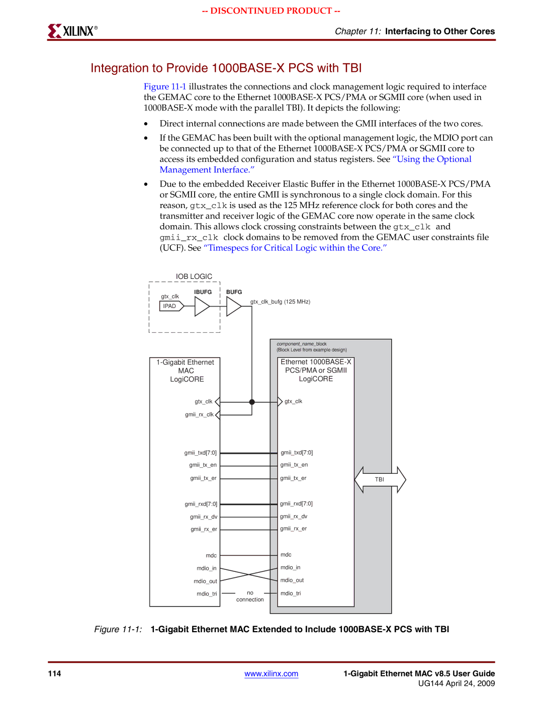 Xilinx UG144 manual Integration to Provide 1000BASE-X PCS with TBI, Interfacing to Other Cores 