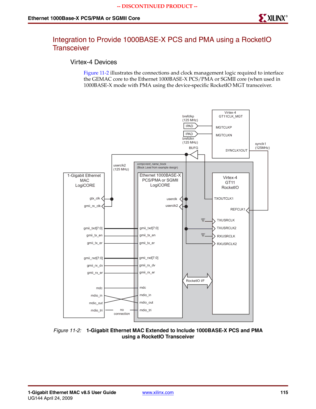 Xilinx UG144 manual Virtex-4 Devices, Ethernet 1000Base-X PCS/PMA or Sgmii Core 